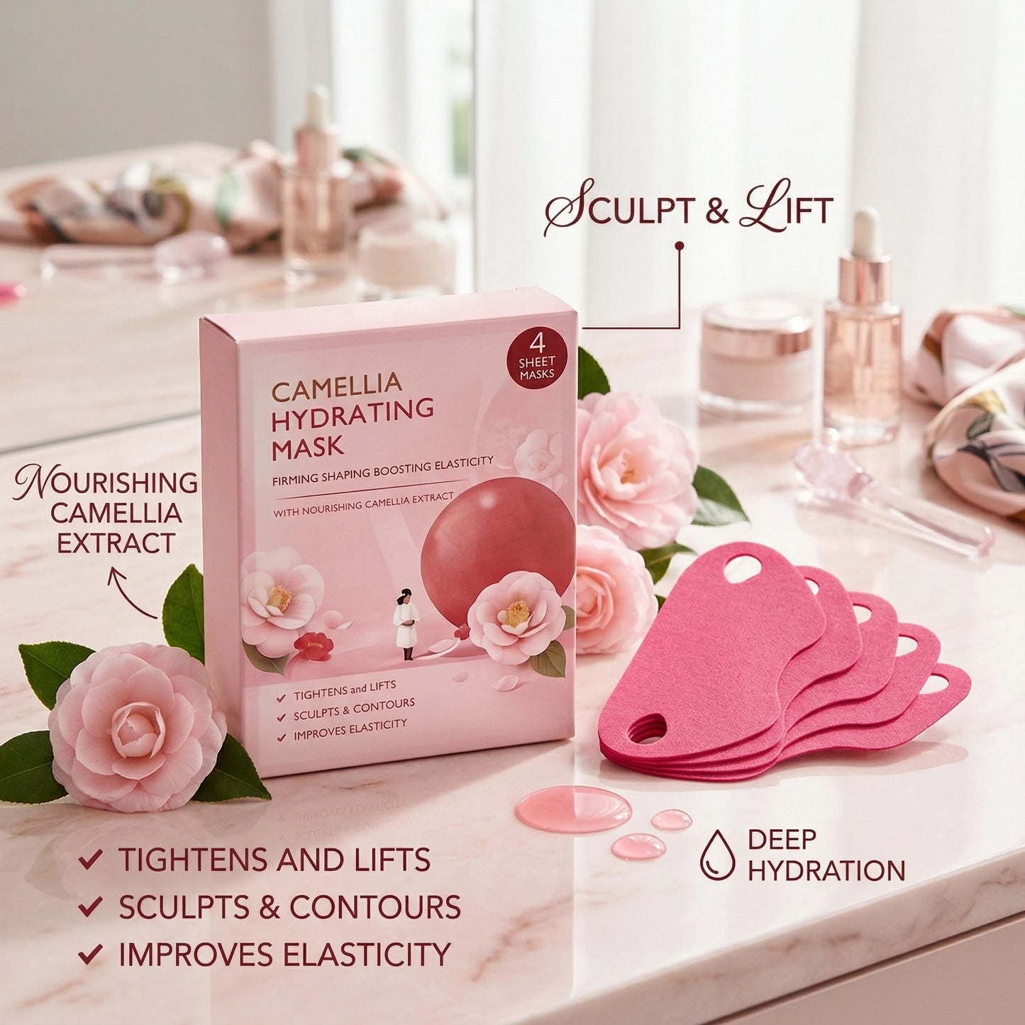 Camellia Hydrating Mask for Jawline Firming Shaping V-Shaped Improve Double Chin Nourishing Face Lifting Slimming Face Mask Peaceful Pleasures Health and Wellness