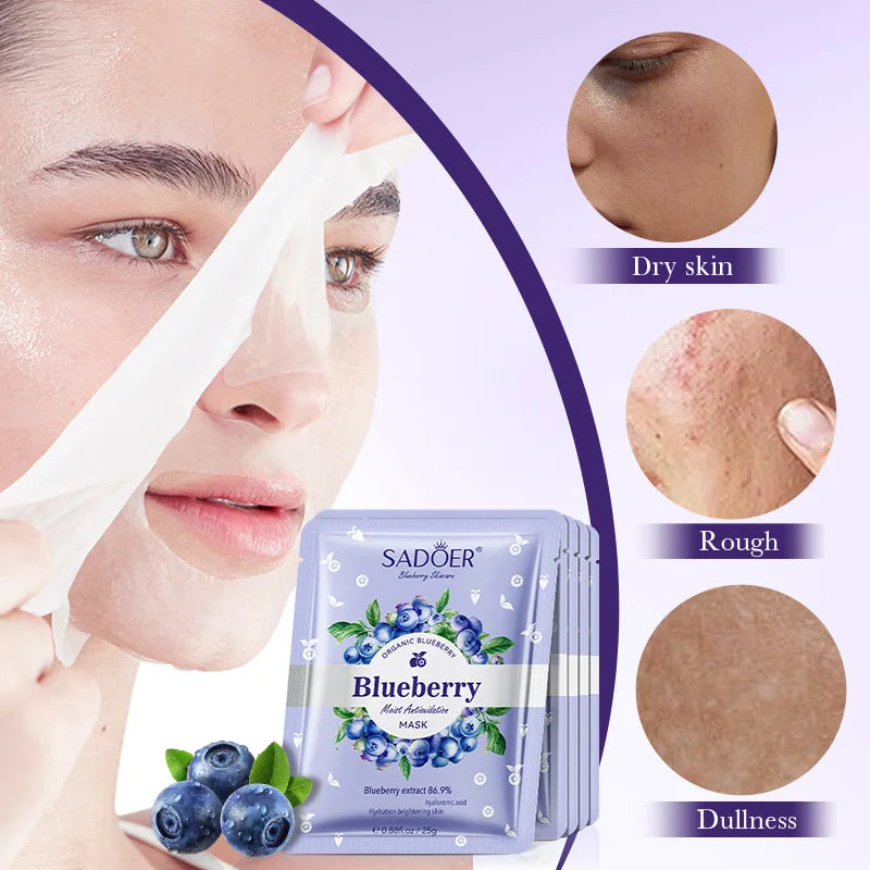 SADOER Blueberry Hyaluronic Acid Face Mask 5pcs – Hydrating Sheet