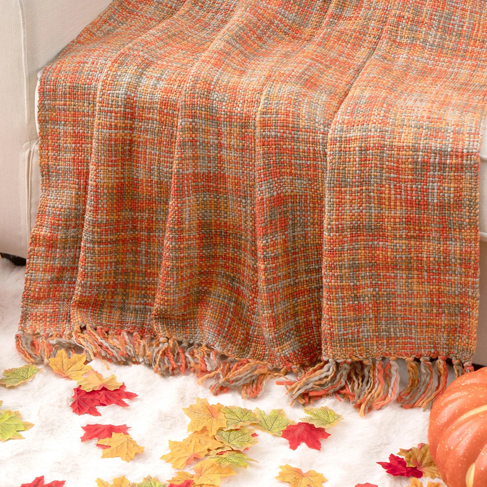 Battilo Orange Boho Throw Blanket With Tassels Colorful Cable Knitted Blankets For Bed Fall Decorative Sofa Blanket Home Decor Peaceful Pleasures Health and Wellness