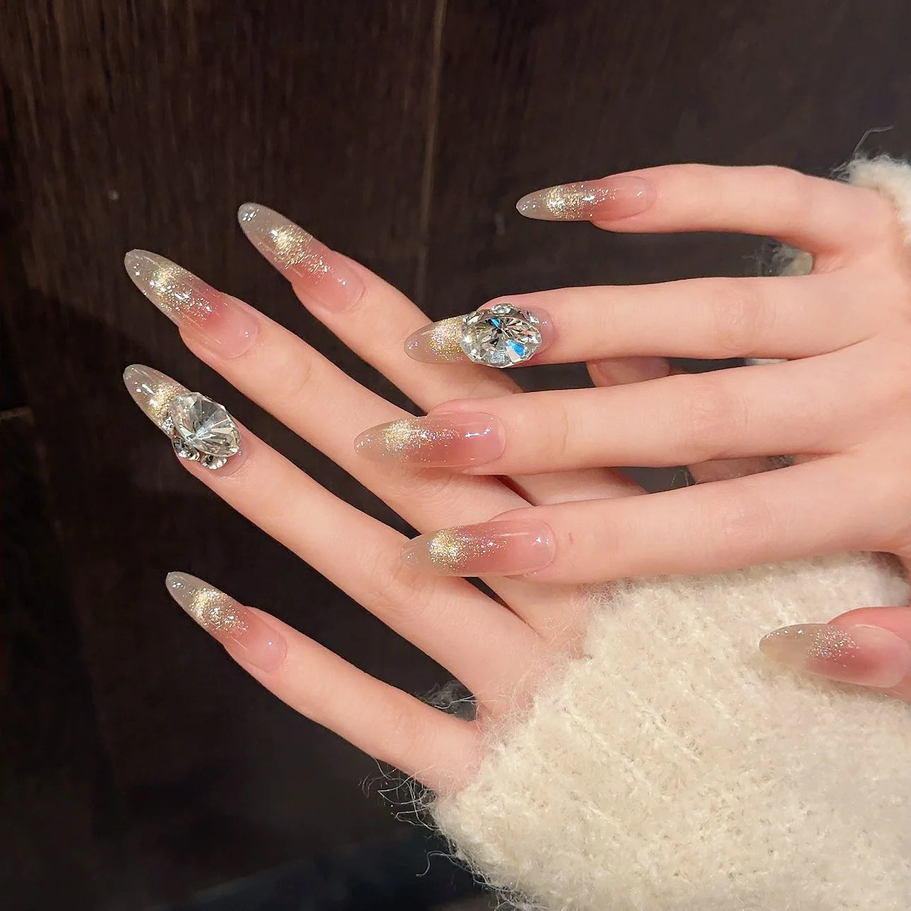 Handmade Press on Nails Sweet Shiny French Cat Eye Fake Nails with Large Diamond Wearable Full Cover Glitter Fashion Fake Nails Peaceful Pleasures Health and Wellness Long M