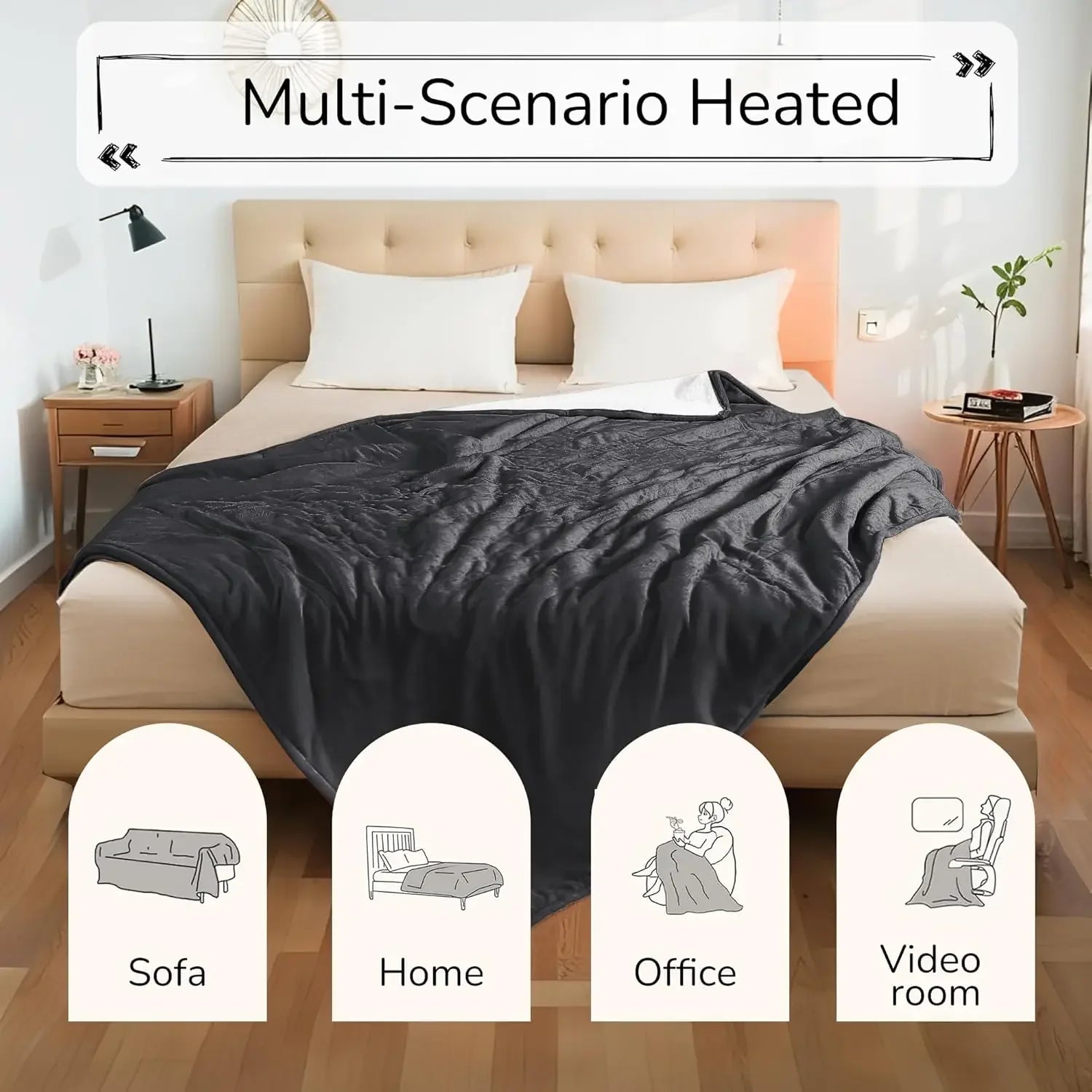 Queen Size Electric Heated Blanket with Dual-Sided Fabric, 4 Heat Settings, Auto Off, Machine Washable in Gray Peaceful Pleasures Health and Wellness