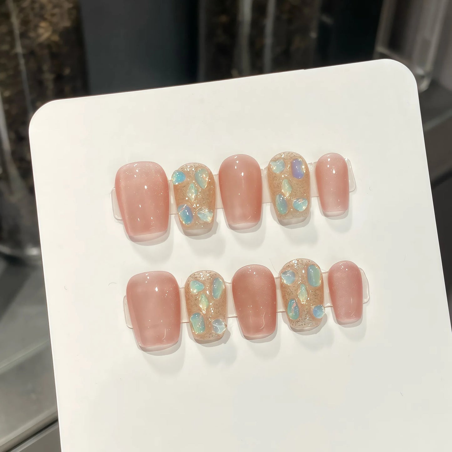Pink Cat Eye Press On Nails – Glitter Diamond Short False Tips