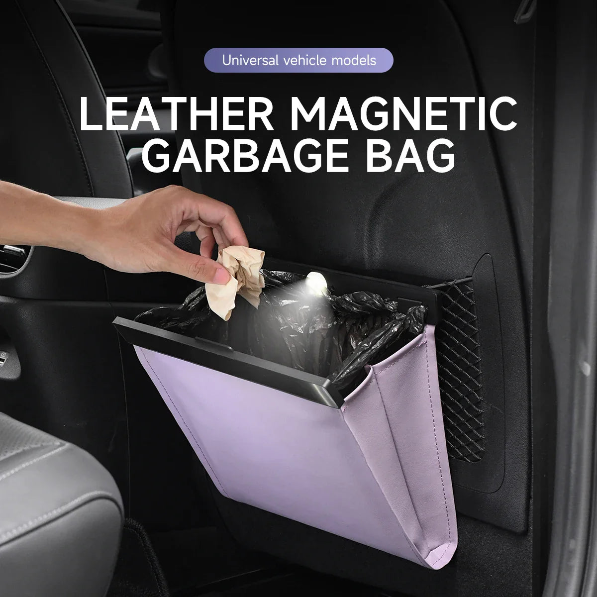 LED Car Trash Can – Magnetic PU Leather Back Seat Organizer