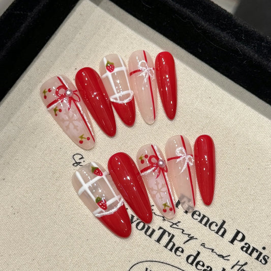 Handmade Long Oval Press on Nails Cherry Strawberry Cute Bow Fake Nails Full Cover Wearable Red Christmas False Nail Patches Peaceful Pleasures Health and Wellness M