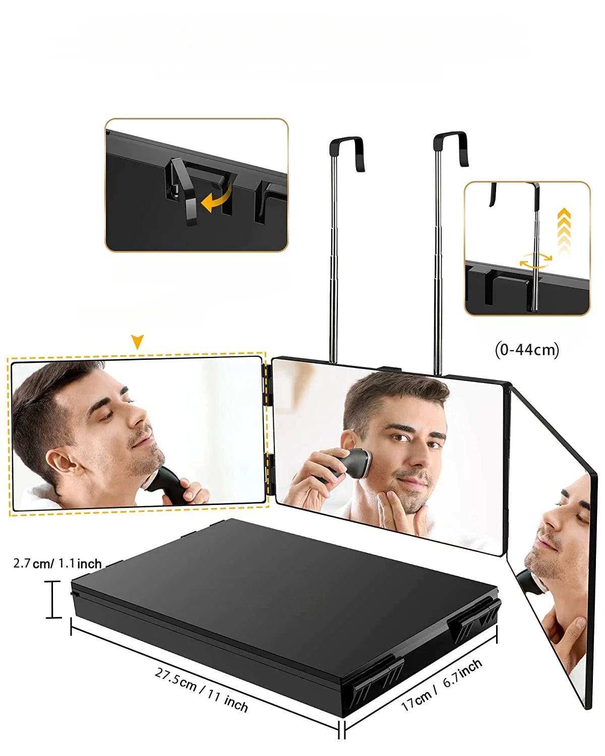 S Travel Portable 360 Trifold Vanity Makeup Mirror with Height Adjustable Telescoping Hook for Hair Self Cutting Fordable Mirror Peaceful Pleasures Health and Wellness