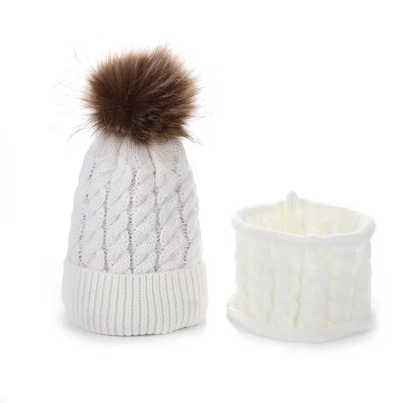 2pcs/set Children's Woolen Hat & Neck Scarf Set, Winter Solid Color Outdoor Cycling Thickened Warm Knitted Hat Peaceful Pleasures Health and Wellness White