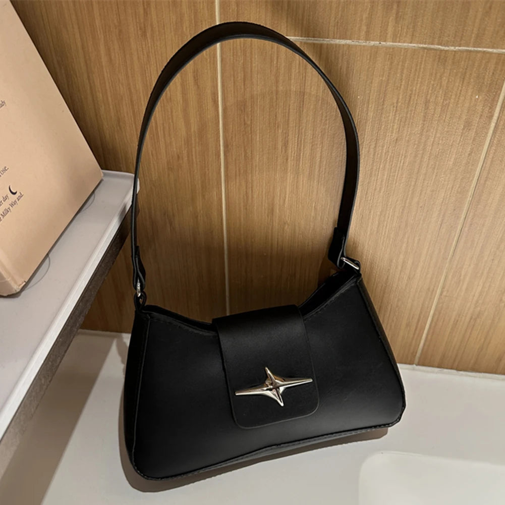 Four Pointed Star Solid Color Armpit Bag Women's Fashionable Texture Casual Shoulder Bag Summer Stylish Simple Small Square Bags Peaceful Pleasures Health and Wellness black