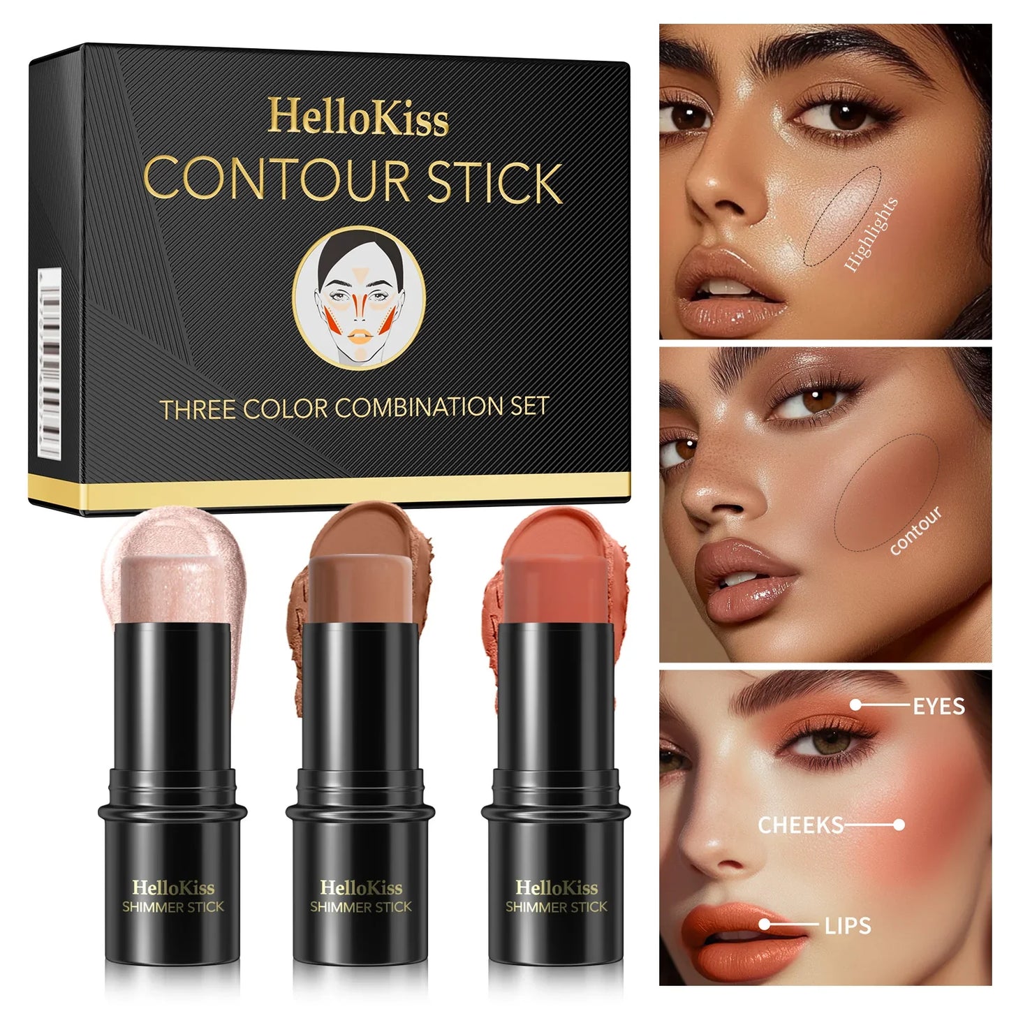 Hello Kiss 4-Piece Cream Contour Kit – Highlight, Blush & Brush