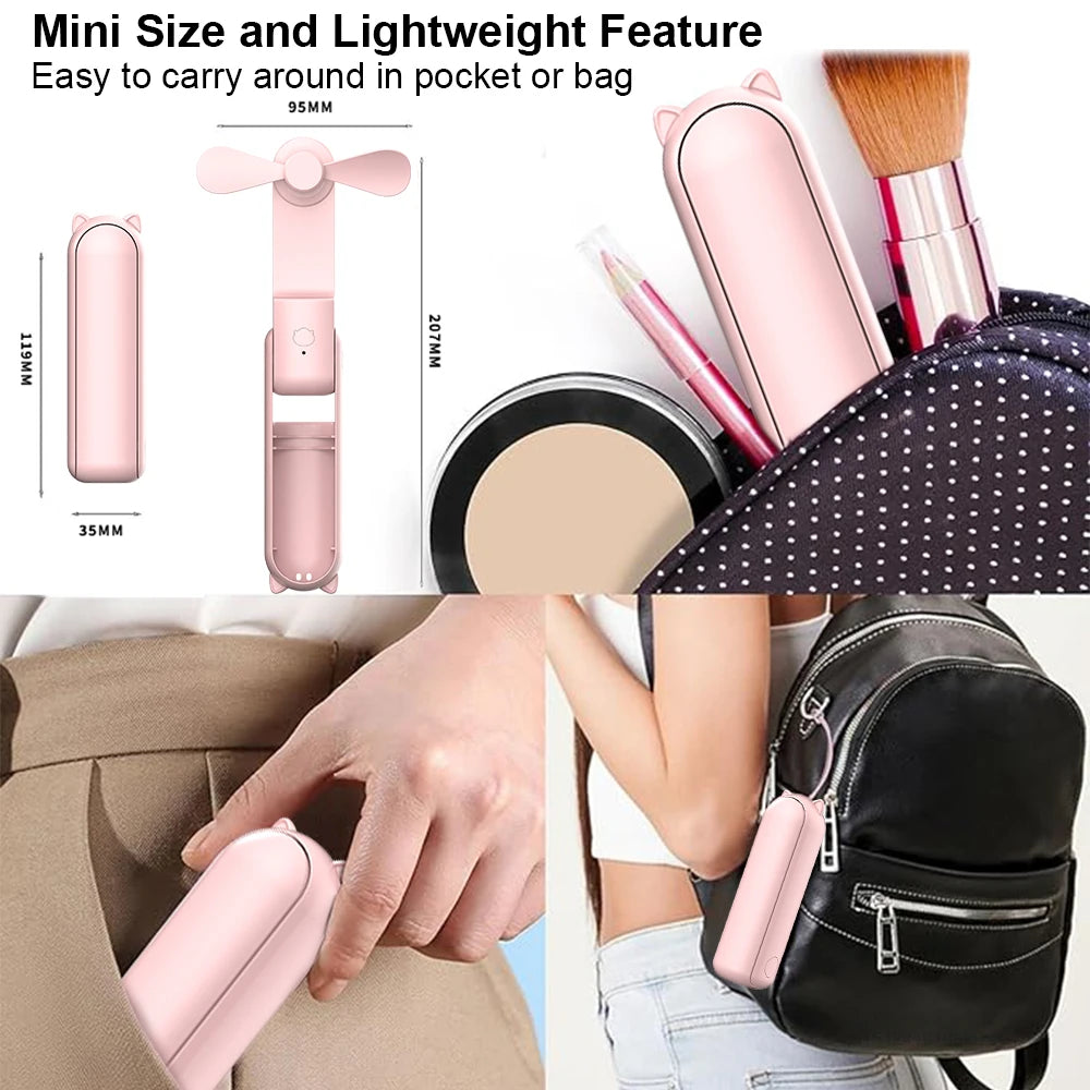 Portable Fan 2000mAh USB Rechargeable 3 Speed Mini Handheld Foldable Fan Hand Held Small Pocket Travel Fan with Handy Power Bank Peaceful Pleasures Health and Wellness