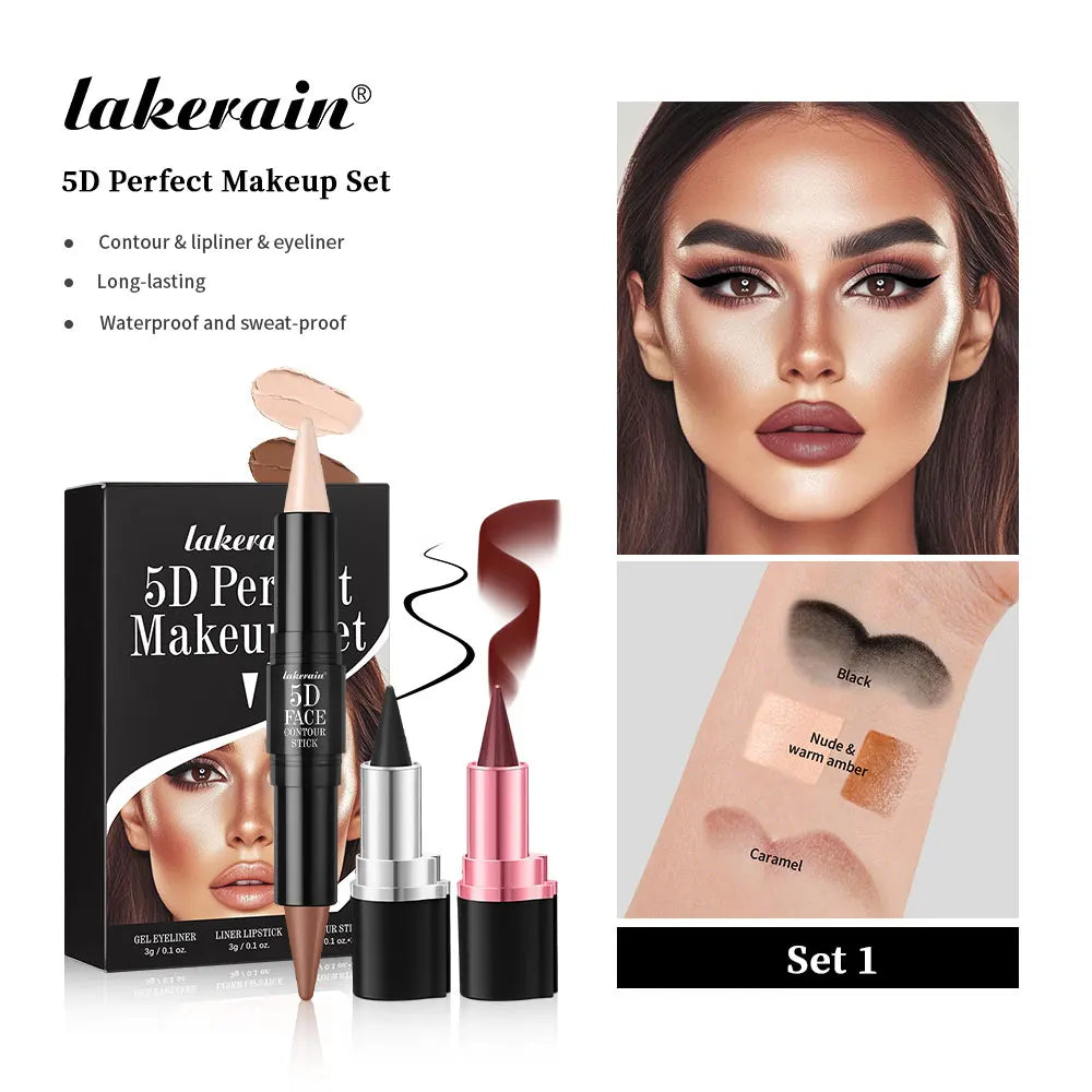 5D Perfect Makeup Set With Contouring Stick Eyeliner And Lipstick Easy Coloring Sweat-proof Long Lasting Daily Makeup Set Peaceful Pleasures Health and Wellness Set 1