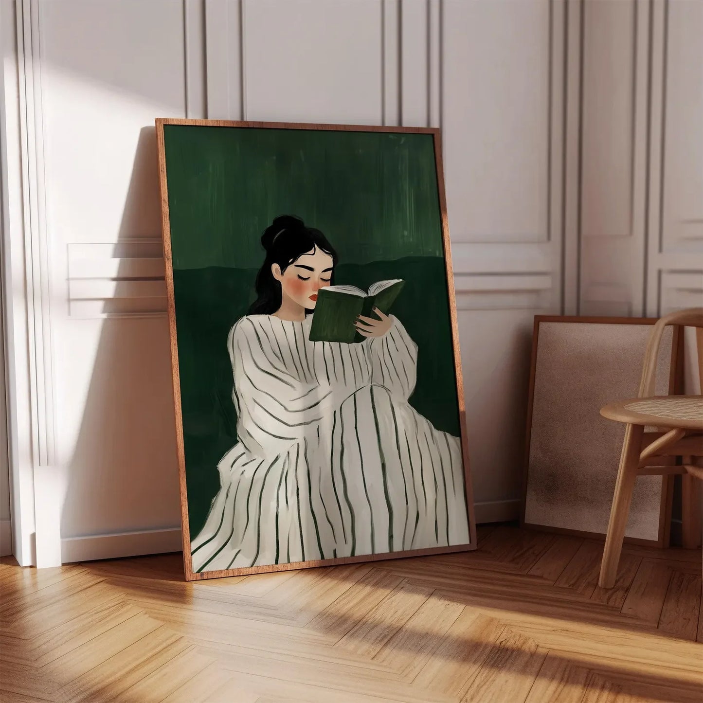 Emerald Green Reading Woman Canvas Wall Art | Minimalist Print