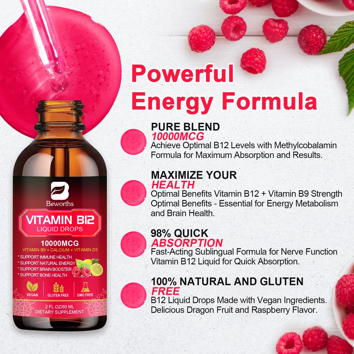 Vitamin B12 Liquid Drops 10000mcg – Energy, Immune, Heart & Digestion Support | Raspberry | 60ml Peaceful Pleasures Health and Wellness