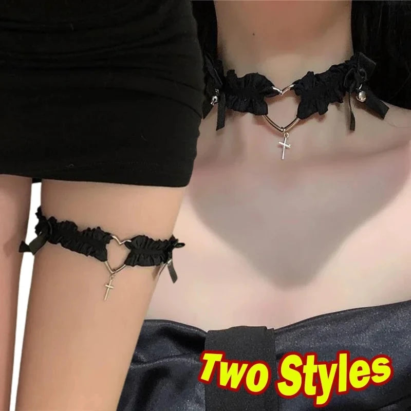 2024 Women Elastic Pu Leather Garter Belts Heart Leg Neck Ring Punk