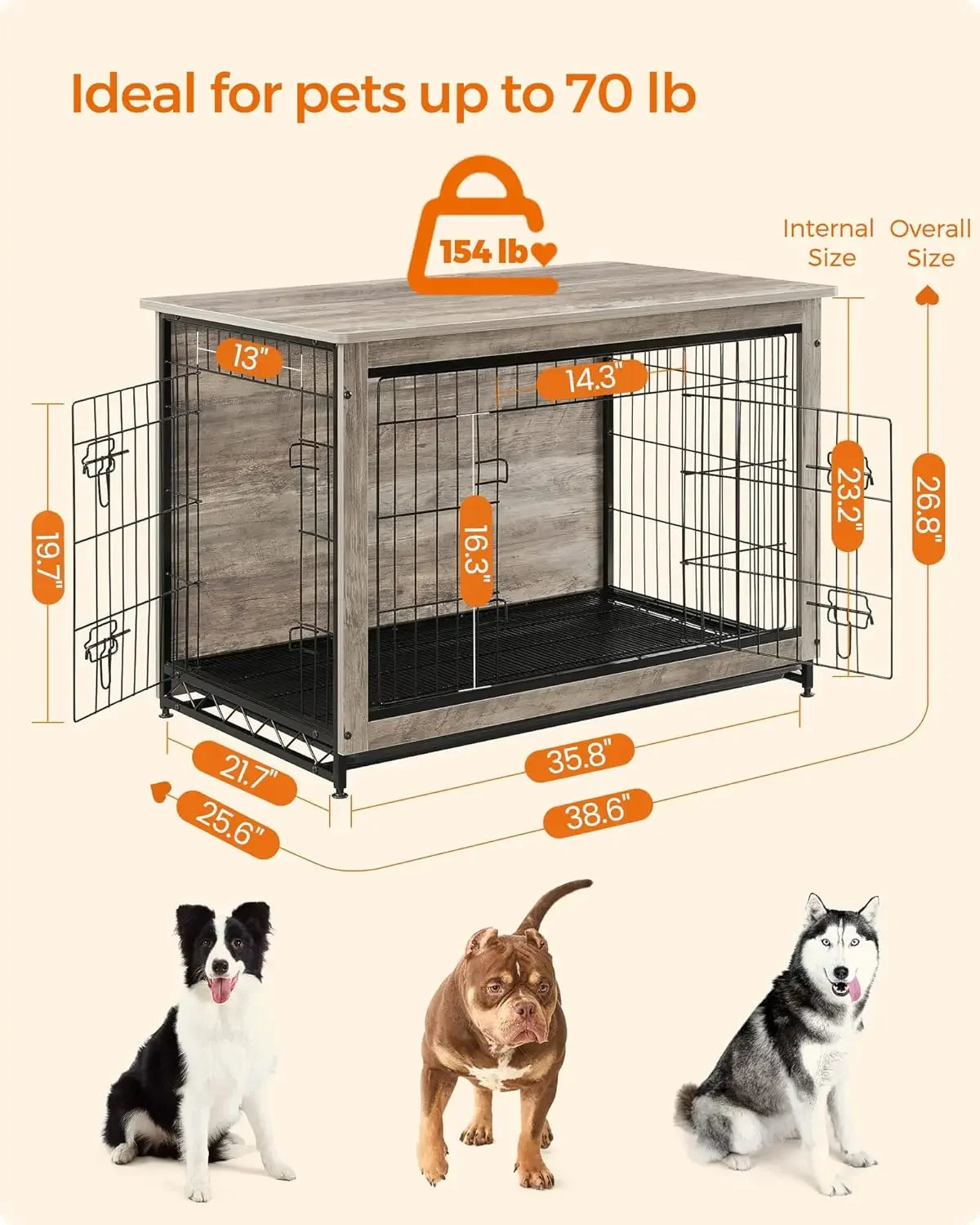 38.6" Indoor Dog Crate Furniture, XL Pet Kennel for Large Medium Dogs up to 70 lb with Removable Tray and Double Doors Peaceful Pleasures Health and Wellness