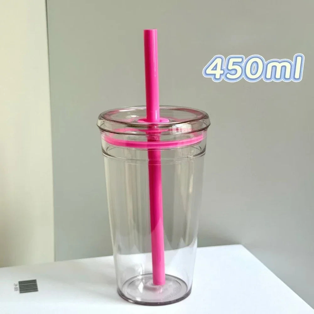 2026 450ML High Beauty Single Layer Milk Tea Straw Cup Transparent Multi Color Universal Coffee Cup Office Water Cup Home Hot Peaceful Pleasures Health and Wellness Rose Red