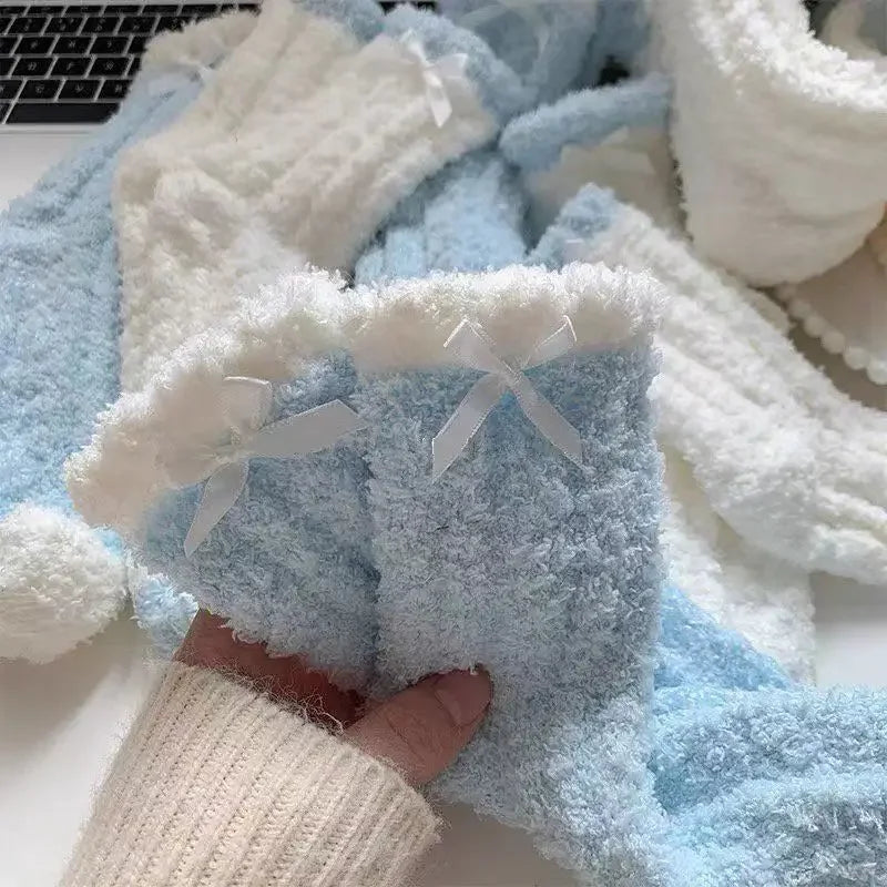 Women's Thickened Mid Calf Socks Autumn Winter Warm Solid Color Fried Dough Twists Coral Fleece Sleep Home Socks Maternity Socks Peaceful Pleasures Health and Wellness