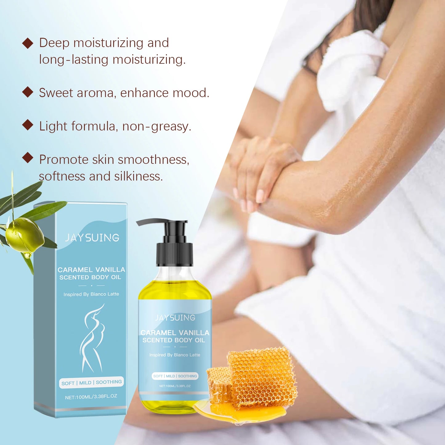 Moisturizing Caramel Vanilla Body Care Oil for Skin Elasticity Peaceful Pleasures Health and Wellness