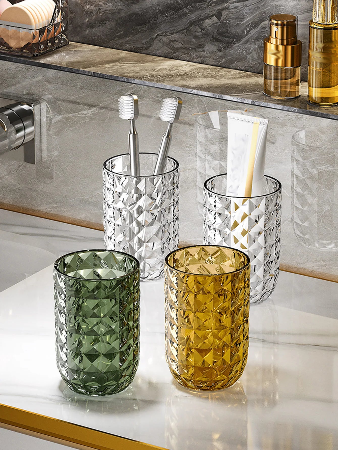 1Pcs Bathroom Cup Toothbrush Holder Stylish Geometric Design Mouthwash cup Perfect for Couples Easy to Clean & Enhances Decor Peaceful Pleasures Health and Wellness