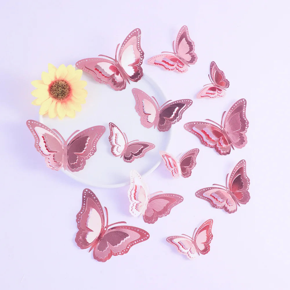 12pcs 3D Hollow Layered Butterfly Wall Sticker Gold Decorative Butterfly Home Decor Fridge DIY Party Wedding Sticker 3D Stickers Peaceful Pleasures Health and Wellness Rose 12pcs