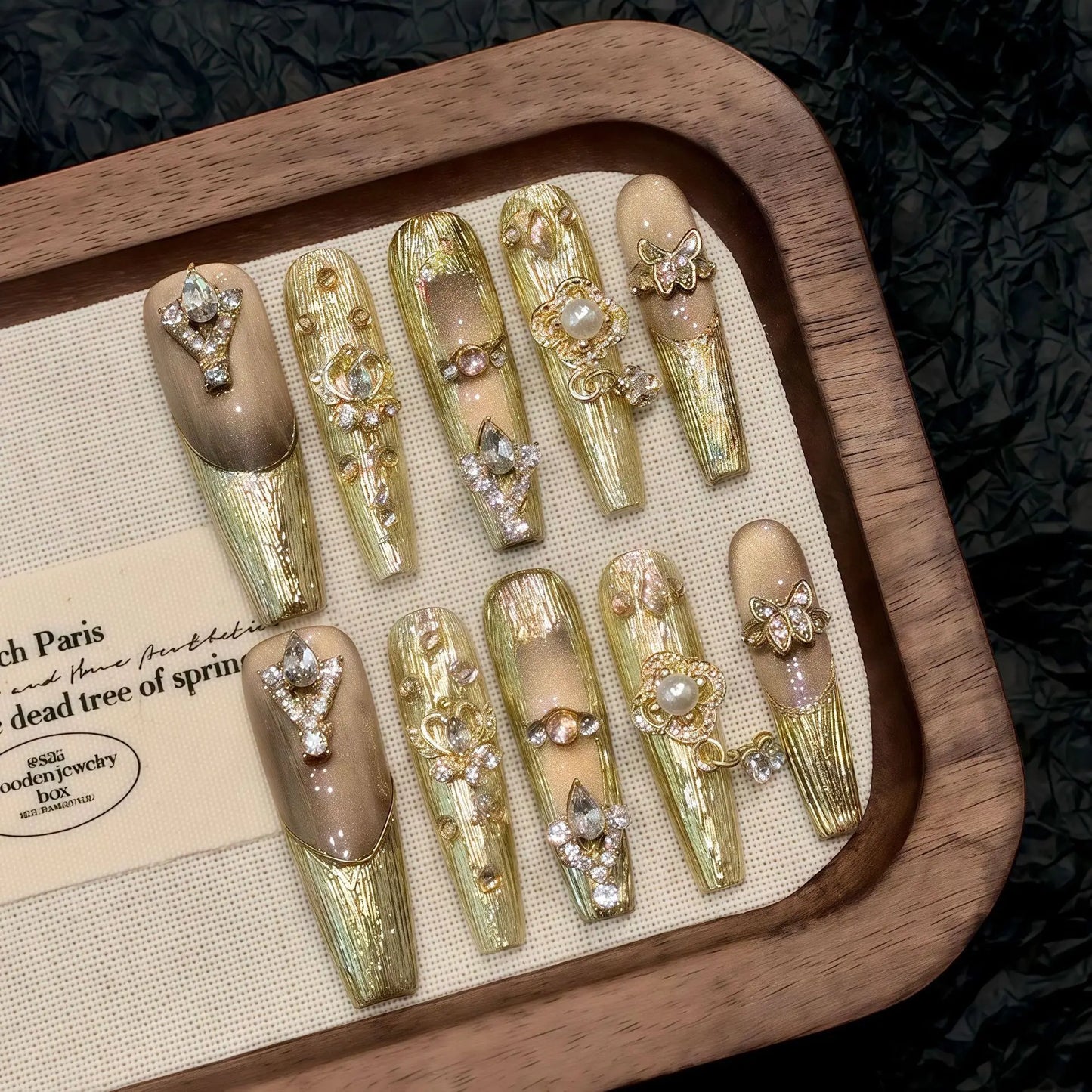Handmade Press-On Nails | Gold Butterfly Rhinestone & Pearl
