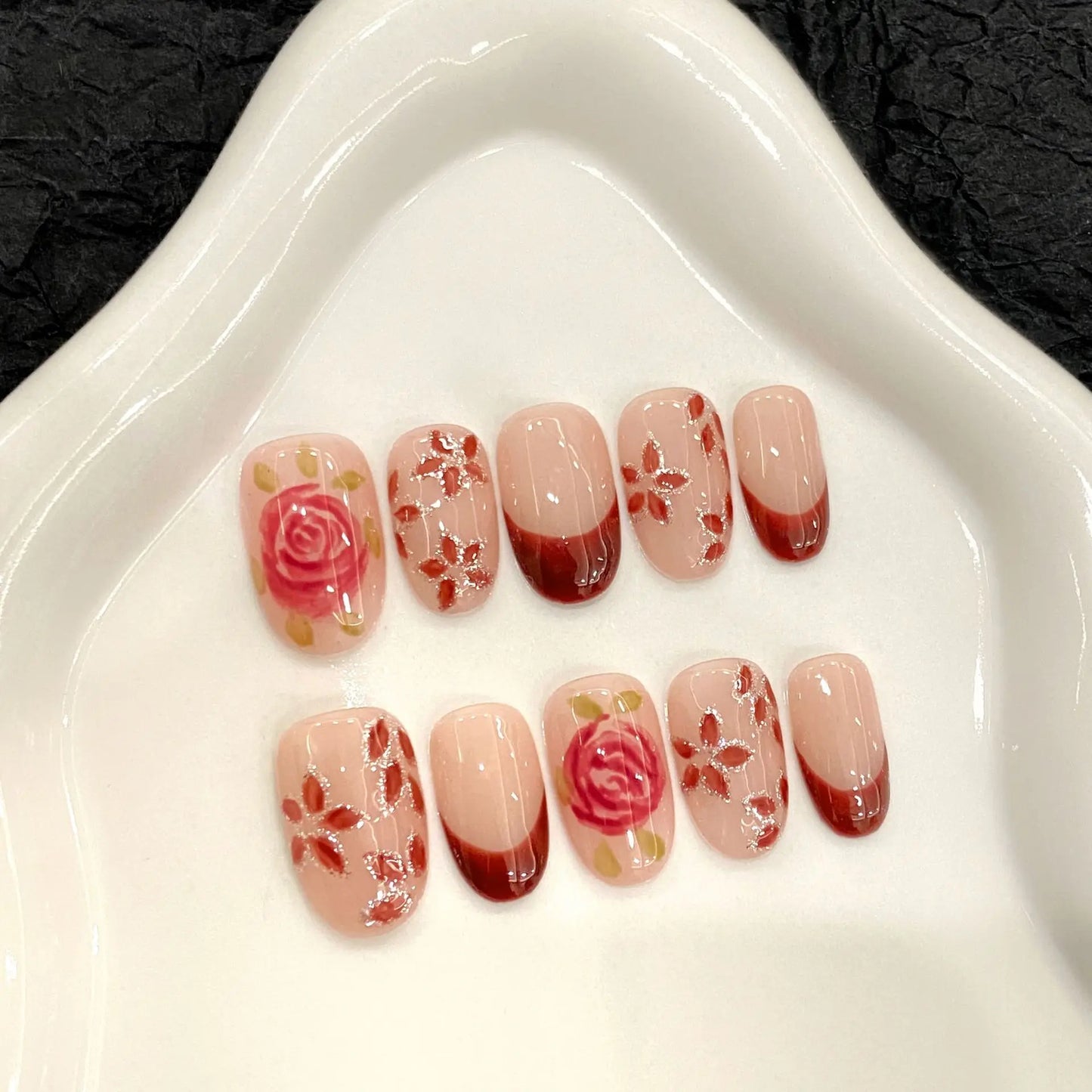 Red Rose French Press-On Nails | Short Round Full Cover 10pcs