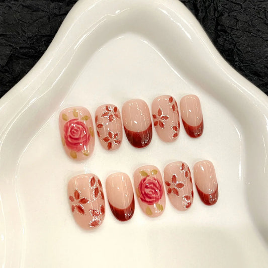 Red Rose French Press-On Nails | Short Round Full Cover 10pcs Press-On Nails Peaceful Pleasures Health and Wellness M
