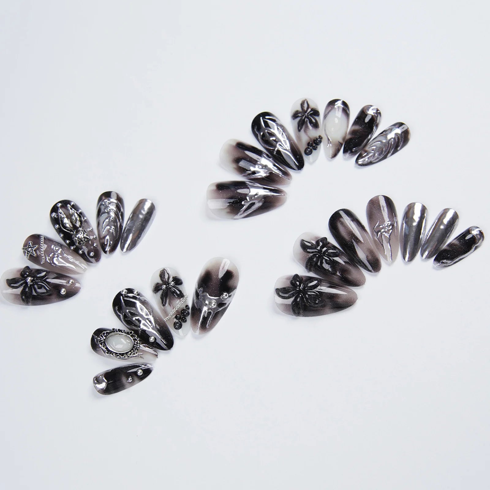 Gothic Punk Style False Nails Press On Nails Halloween Party 3D Flowers Black Silver Resin Retro Fake Nail Art Wearable 24pcs Peaceful Pleasures Health and Wellness
