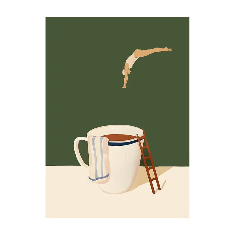 Funny Coffee Diver Canvas Wall Art | Kitchen Decor Print