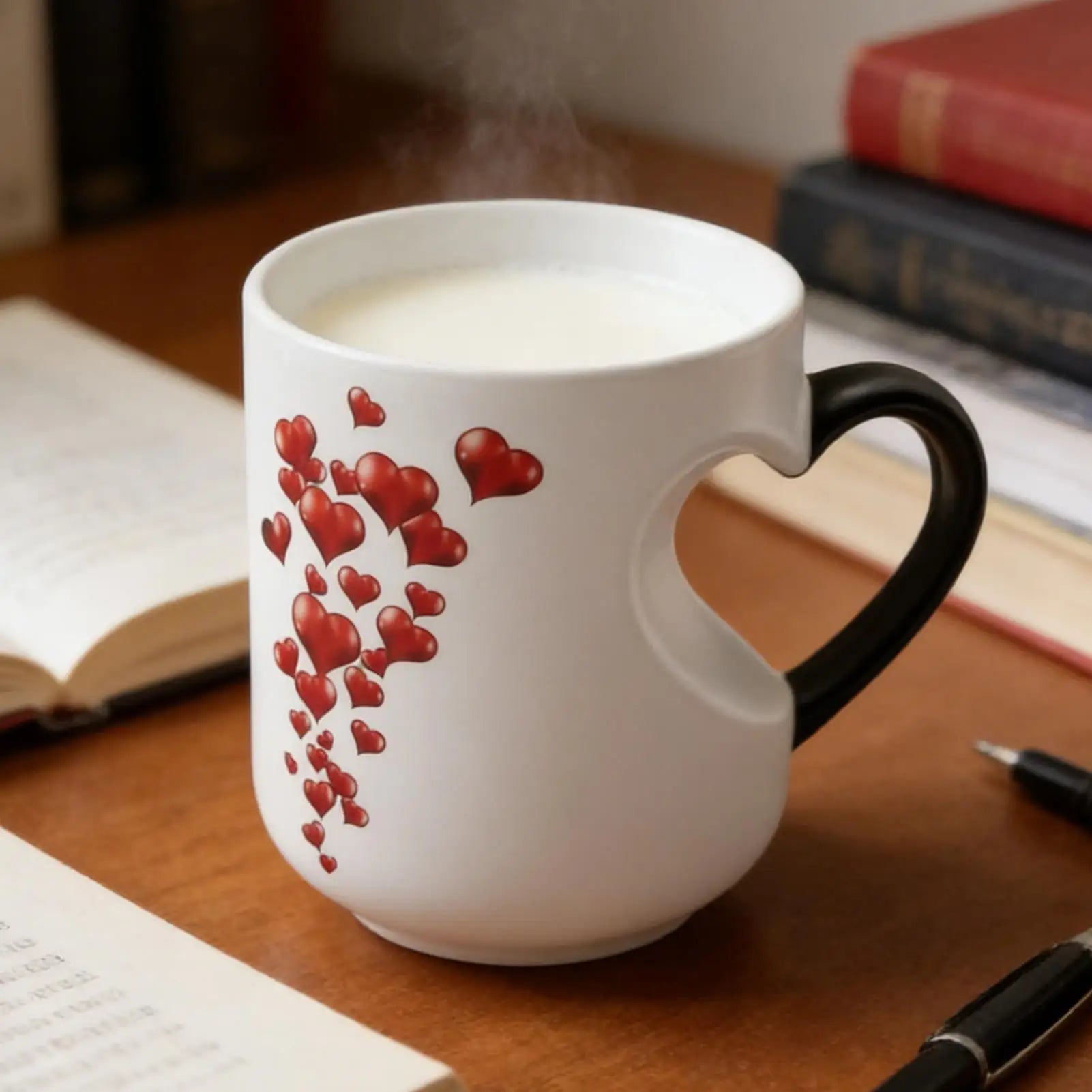 Heat Sensitive Color Changing Magic Mug with Romantic Heart Handle Cute Gift for Birthday Anniversary Valentine's Day Coffee Cup Peaceful Pleasures Health and Wellness