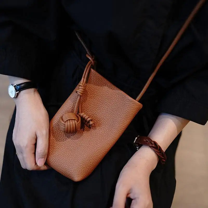 Women's Mini PU Leather Crossbody Phone Bag with Ball Pendant