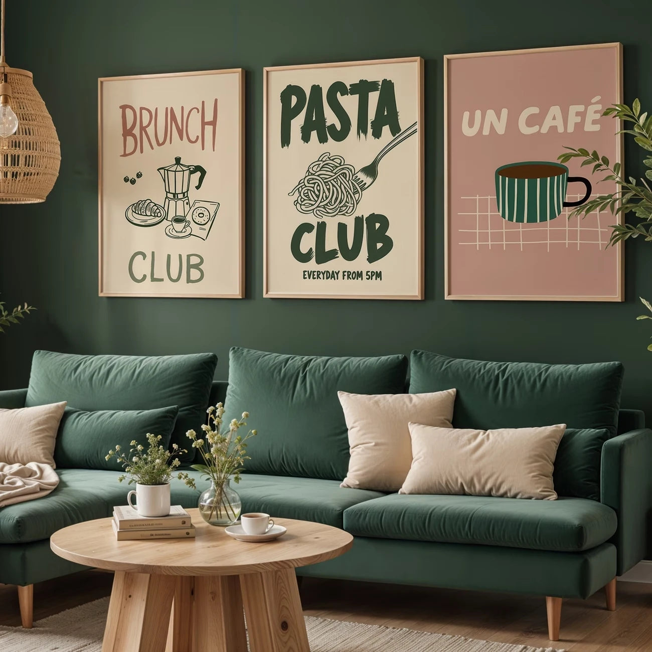 3pcsModern Pasta Club, Coffee, Green And Pink Wall Art Print Canvas Painting Poster Picture For Living Room,Bedroom Home Decor Peaceful Pleasures Health and Wellness