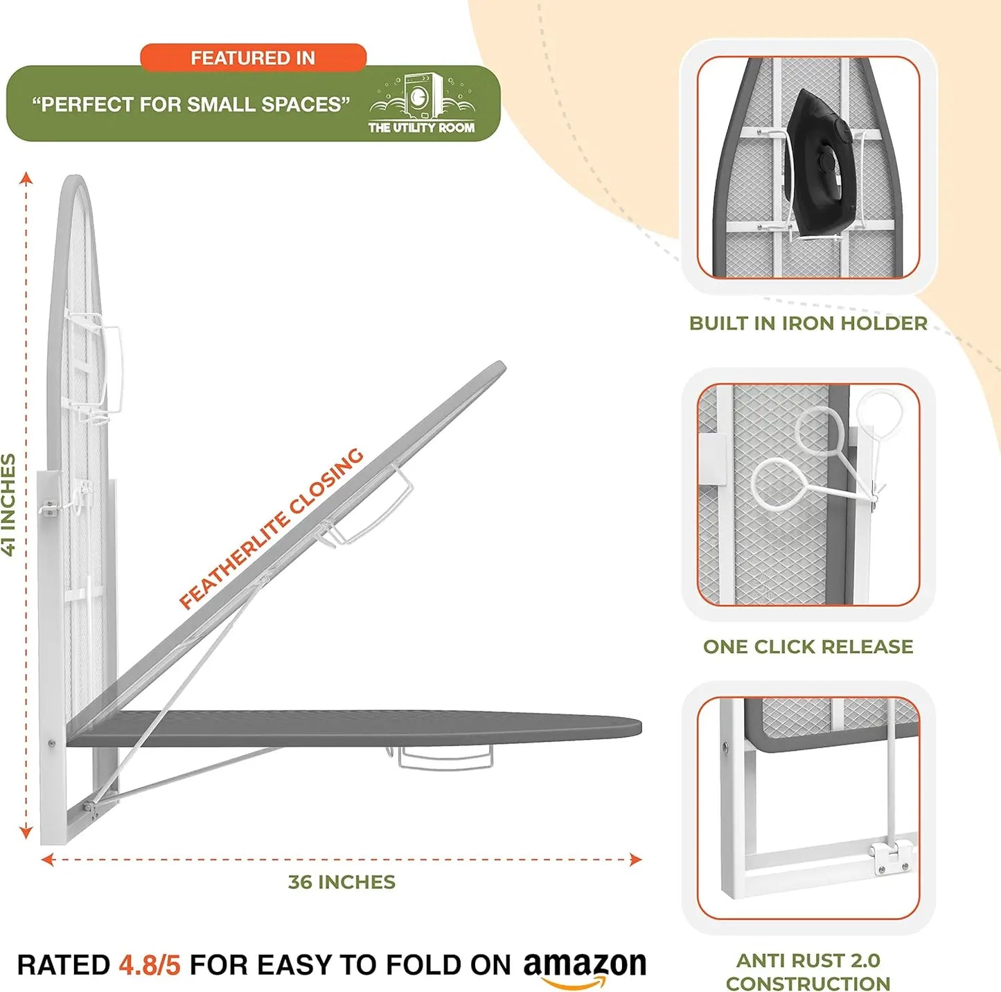 Wall-mounted ironing board with features highlighted on a beige background