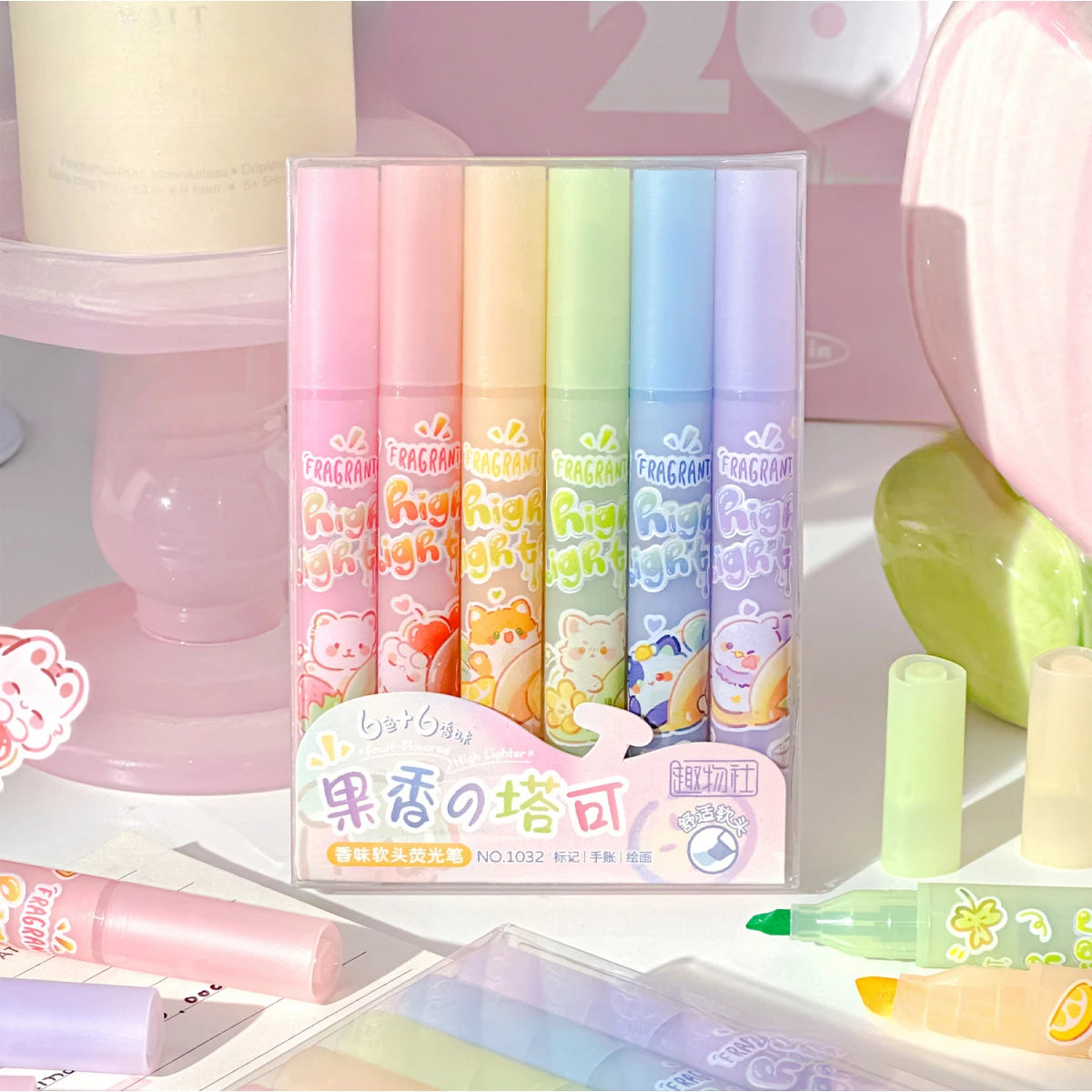 1 Set of 6 Different Colored Fruit-Scented Highlighters, Soft Pastel Highlighters for Office Use, Non-Toxic Scented Highlighters with Beveled Tip Suitable for School and Office Peaceful Pleasures Health and Wellness