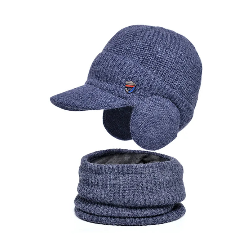 Winter Knitted Balaclava Hat & Scarf Set Thermal Lined Beanie, Ear Protection, Unisex Cold Weather Face Mask for Outdoor Sports Peaceful Pleasures Health and Wellness Navy Blue 56-60cm