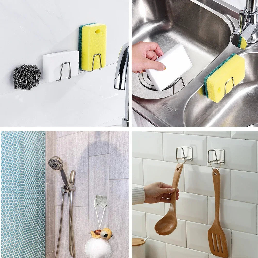 1/2/3/4/5PC Stainless Steel Hanging Hook Storage Rack Sink Sponges Drain Drying Rack Self Adhesive Storage Holder Wall Hooks Peaceful Pleasures Health and Wellness