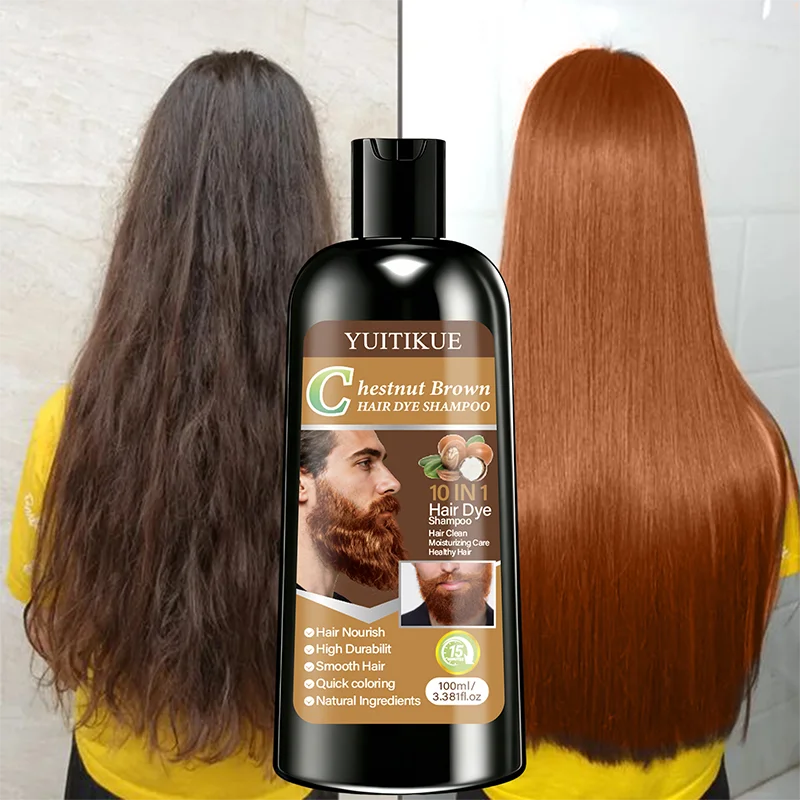 YUITIKUE Chestnut Brown Hair Dye Shampoo 100ml 10-in-1 Natural Ingredients Quick Coloring Nourishing Hair Care Peaceful Pleasures Health and Wellness