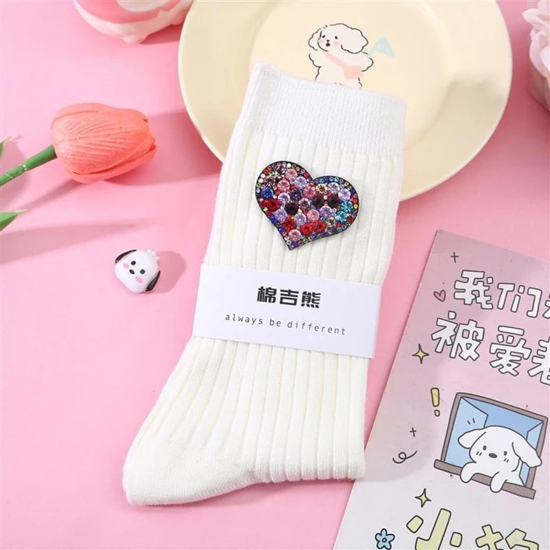 Diamond Heart-Shaped Decorative Socks, Fashionable Diamond Sparkling Women's Socks, Comfortable And Breathable Christmas Socks Peaceful Pleasures Health and Wellness WHITE One Size