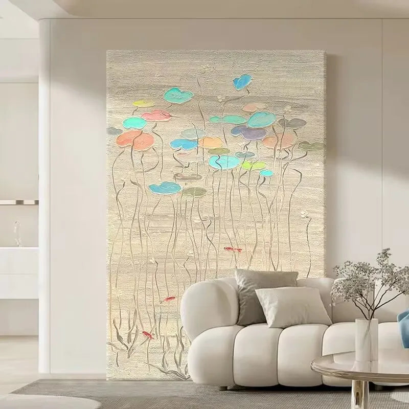 Lotus Pond Scenery Hand Drawn Oil Painting,Abstract Texture, Living Room Decoration Painting, Homestay Hotel Modern Art Painting Peaceful Pleasures Health and Wellness