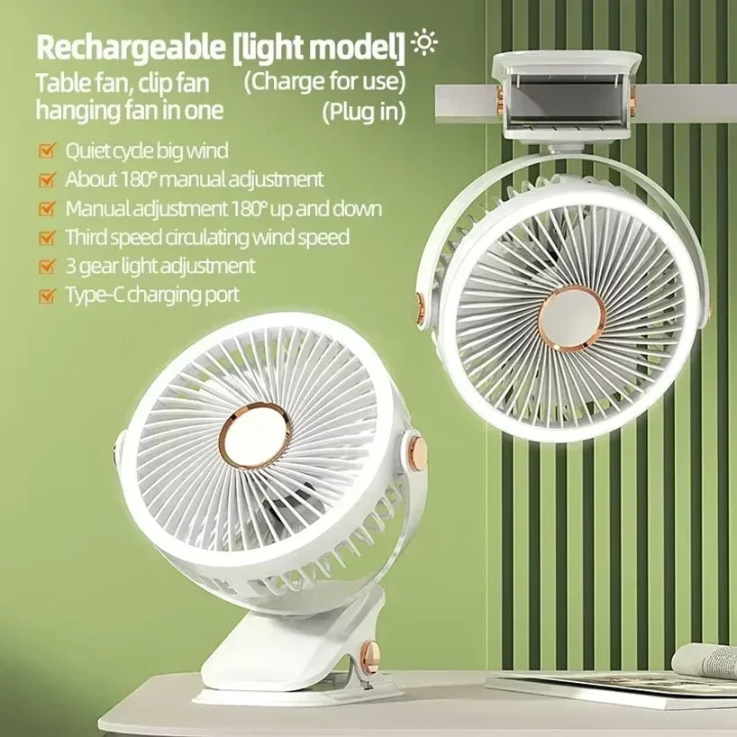 8000mAh Rechargeable Camping Fan with LED Light & Clip-On