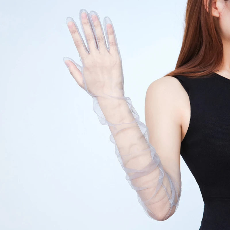 Women Ultra Tulle Gloves Mesh Sheers Full Finger Elbow Long Gloves Female Vintage Sunscreen Gloves Wedding Bride Dress Mittens Peaceful Pleasures Health and Wellness Grey One Size