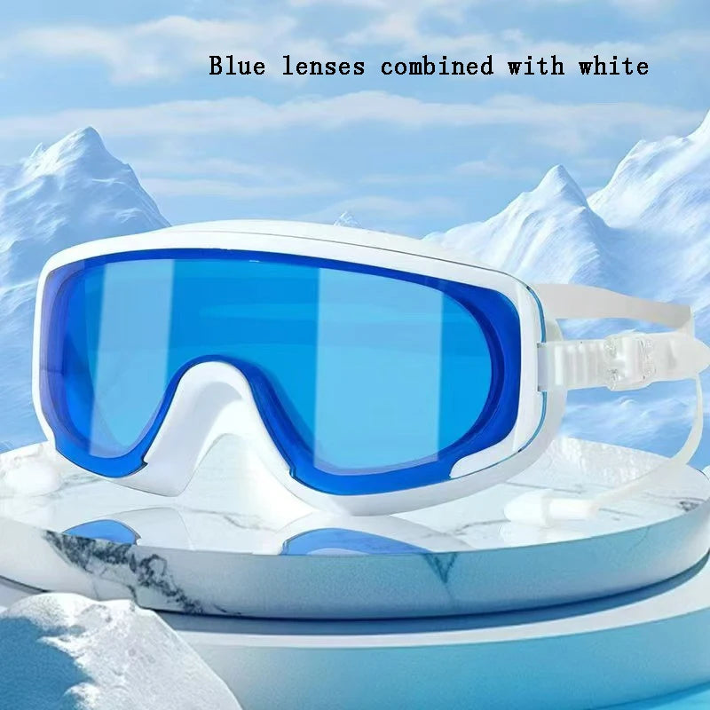 Outdoor Swimming Glasses Adult Diving Large-frame Swimming Goggles Silicone Anti-fog Colorful and High-definition Peaceful Pleasures Health and Wellness Blue and white