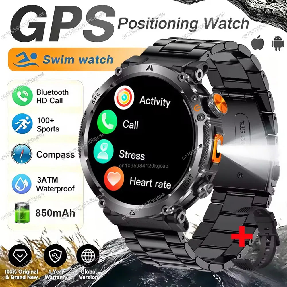 New Military Outdoor Smart Watch Men Dual-Frequency High-Precision Positioning Compass Sport IP68 Waterproof GPS Smartwatch Hw12 Peaceful Pleasures Health and Wellness Black Steel