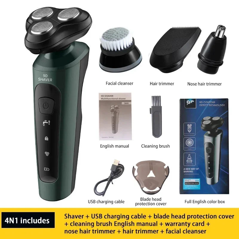 Electric Shaver Waterproof Electric Trimmer Razor Wet And Dry Use Rechargeable Battery Rotary Shavers Machine Shaving For Men Peaceful Pleasures Health and Wellness Green 4in1
