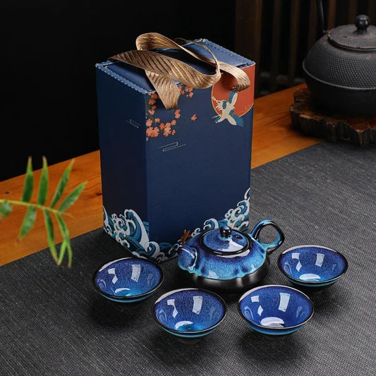 Classical Design Teapot Sets Gift Bag Drinkware Tea Sets Hand Painting Country Ceramic Chinese Tea Set Cup And Tea Pot Set Peaceful Pleasures Health and Wellness A 5PCS