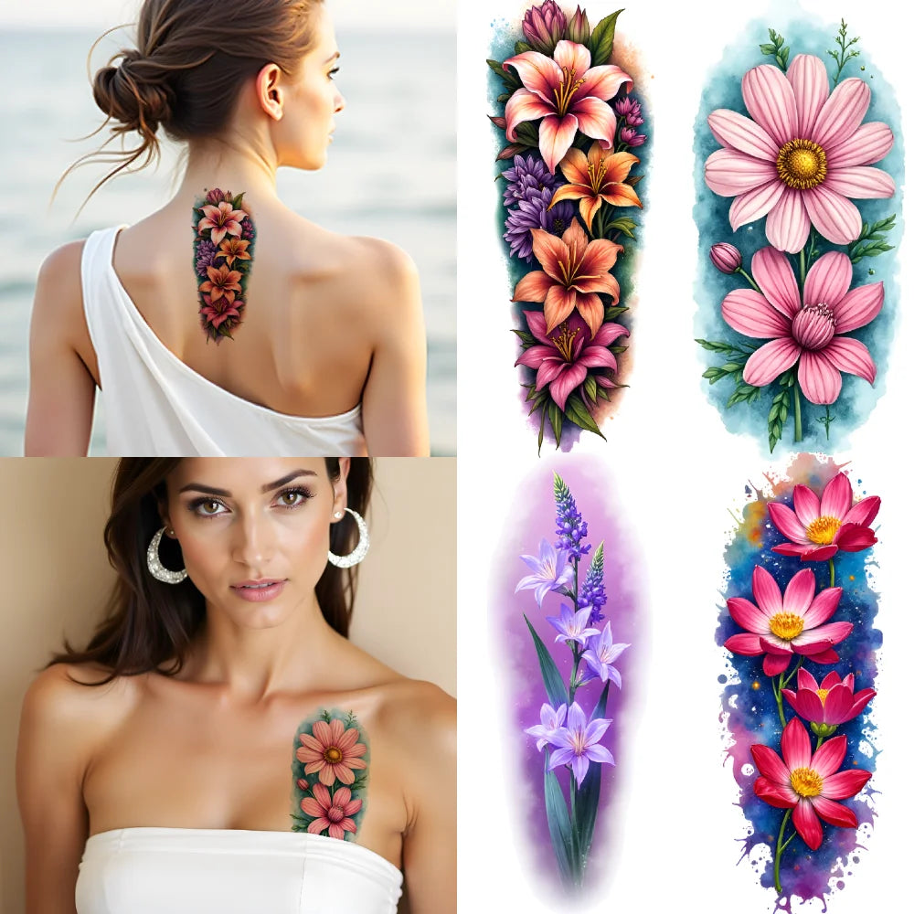 3-Pack Floral Temporary Tattoos – Colorful Realism, Waterproof