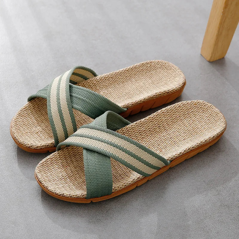 Women's Linen Flat Slippers – Lightweight Open Toe Indoor Slides