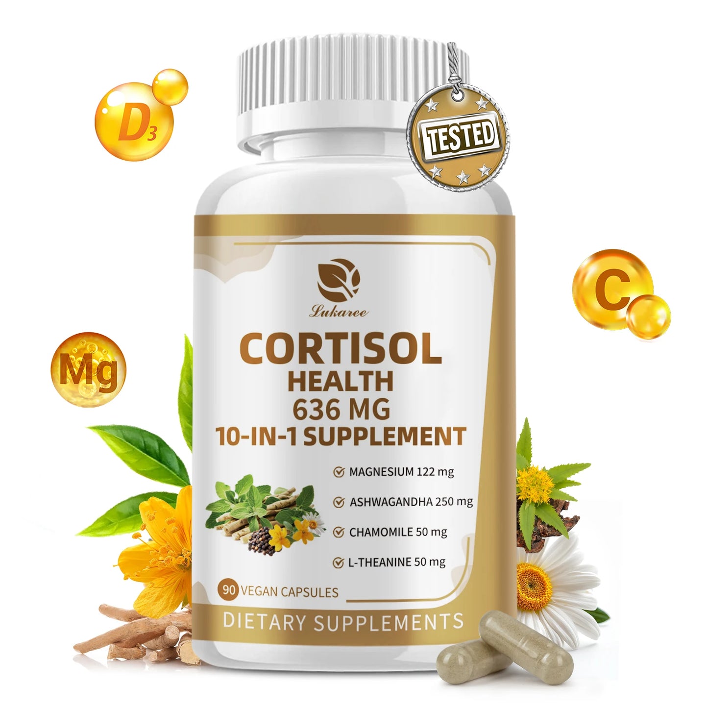 Lukaree 10-in-1 Cortisol Balance Capsules – Stress, Sleep & Cognitive Support Dietary Supplement Peaceful Pleasures Health and Wellness 90pcs 1bottle United States