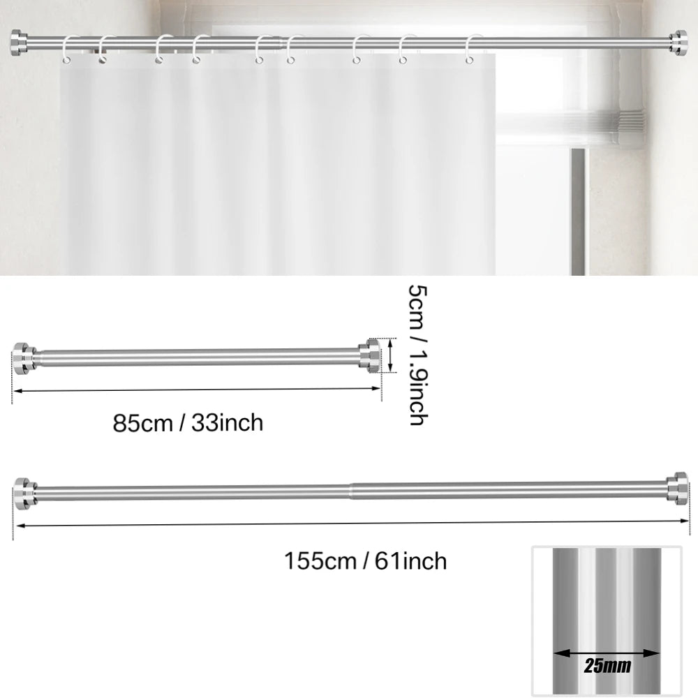 Adjustable Shower Curtain Rod 85-195cm Telescopic Tension Spring No Drilling Premium Stainless Steel Non-Slip Bathroon Poles Peaceful Pleasures Health and Wellness 85-155cm Sliver