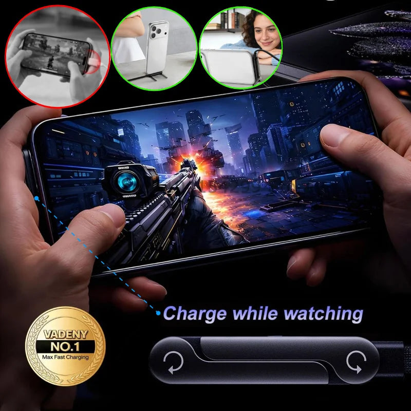 240W USB-C Flat Cable with Foldable Phone Stand & Desk Holder