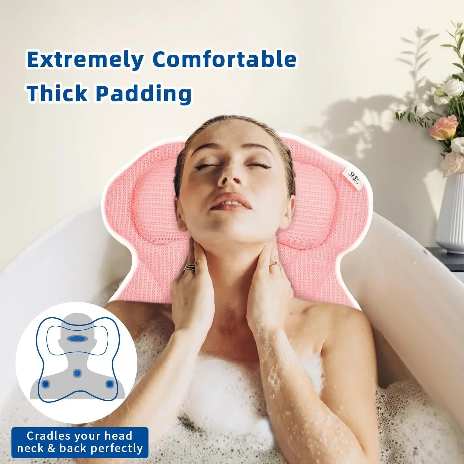 Bathtub Pillow with Neck and Back Support, 6 Suction Cups, 4D Air Mesh, Pink Spa Gift for Women Peaceful Pleasures Health and Wellness